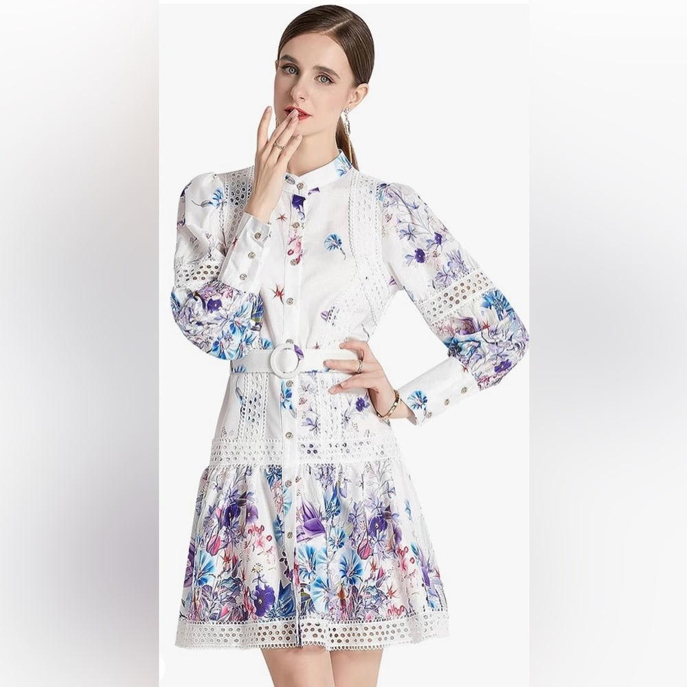 LAI MENG FIVE CATS Women's Bell Sleeve Round Neck Floral Print Mini Dress